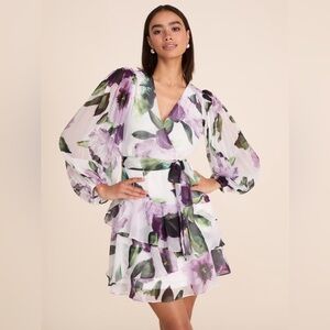 Le Chateau Floral V-Neck Dress with Puff Sleeves